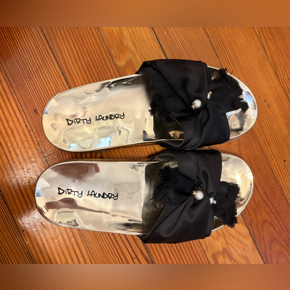 Dirty Laundry Slides with Black Satin Bow & Pearls
